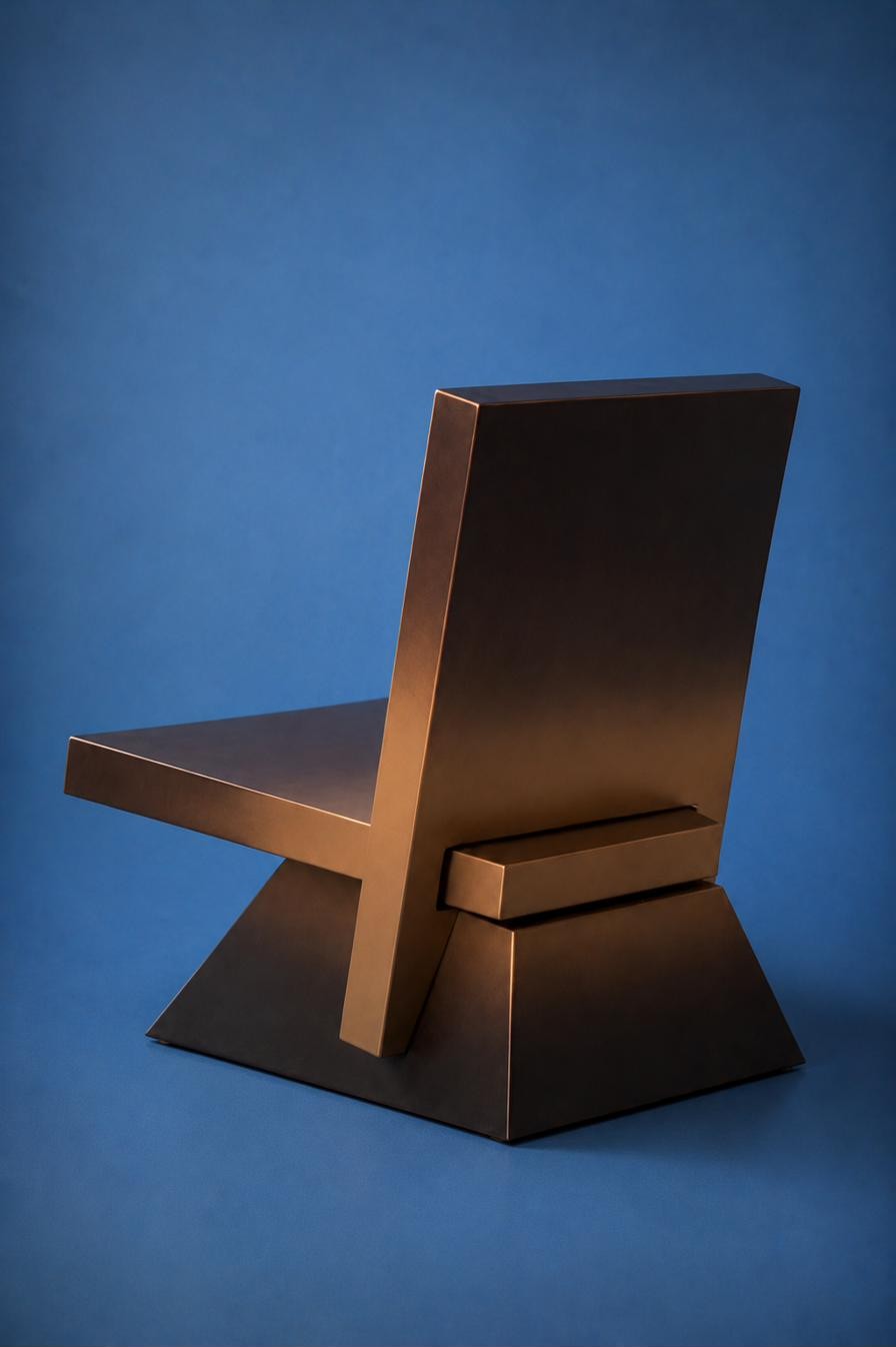 Brutalist Chair — solid wood with polyurethane metallic black-to-gold ombre finish, side view