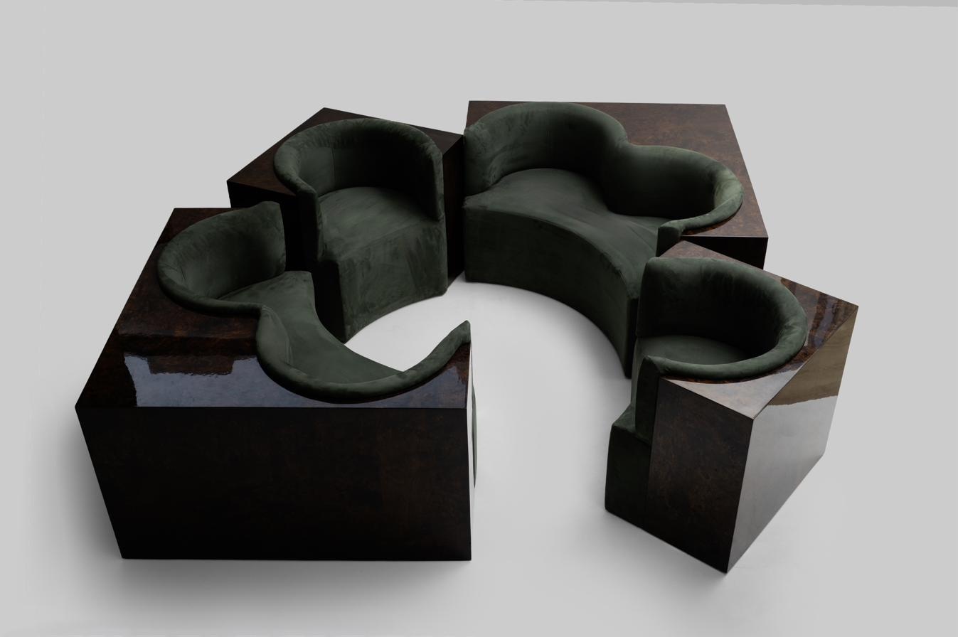 Conversation Pit — modular sectional in burl veneer and forest-green suede