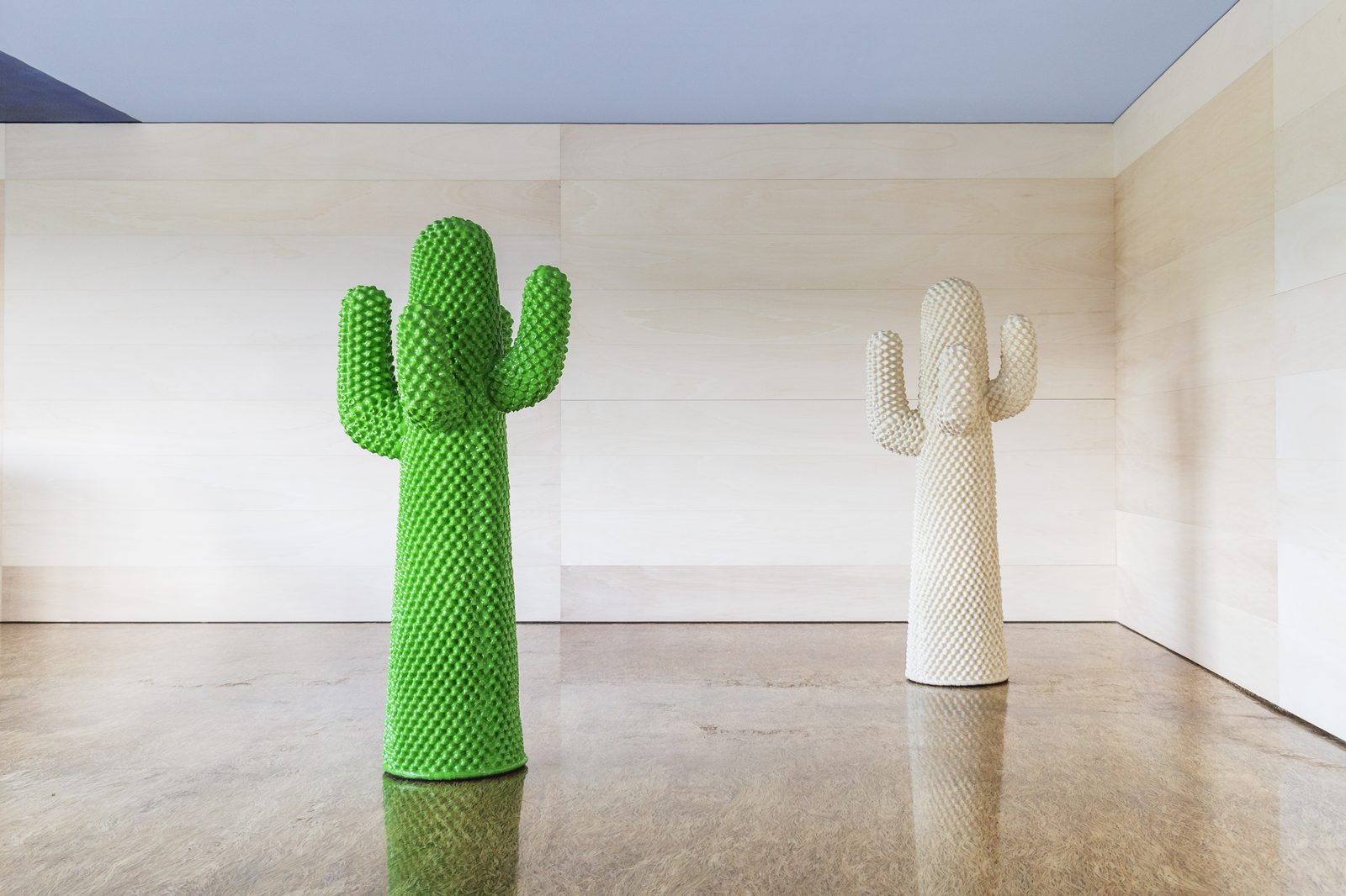 Gufram Cactus by Guido Drocco and Franco Mello, 1972 — green and white editions in a gallery interior